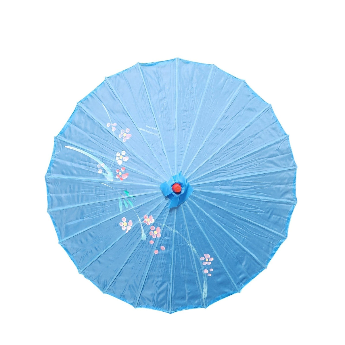 Light blue painted parasol with hand-painted flowers, top view