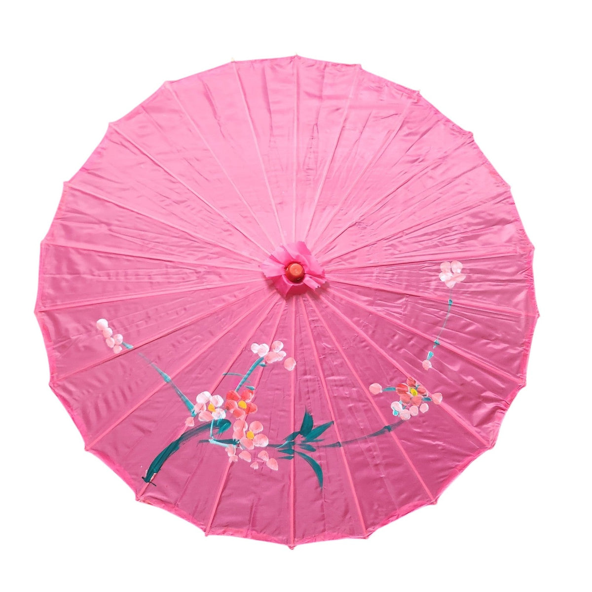 Pink painted parasol with hand-painted flowers, top view