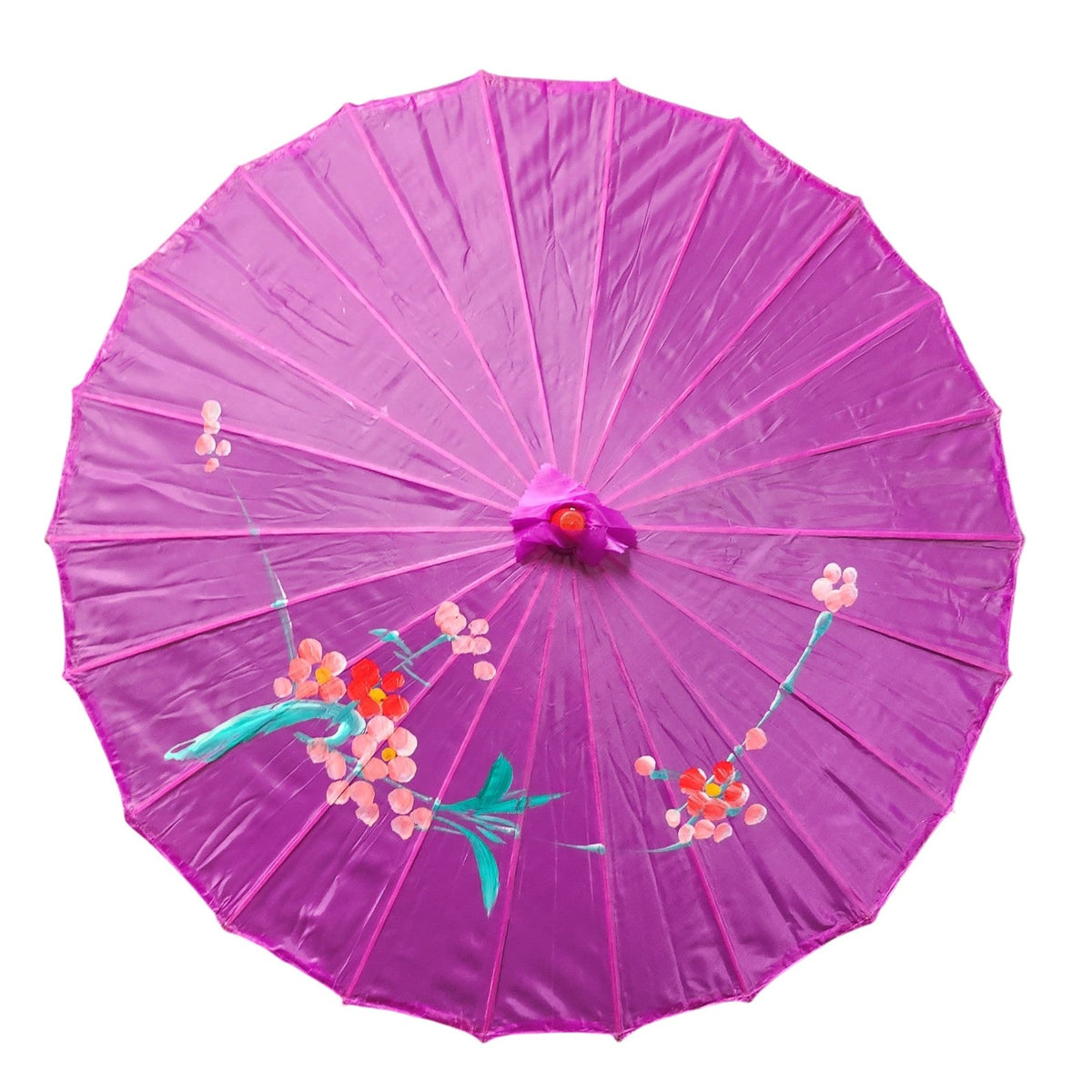 Magenta painted parasol with hand-painted flowers, top view