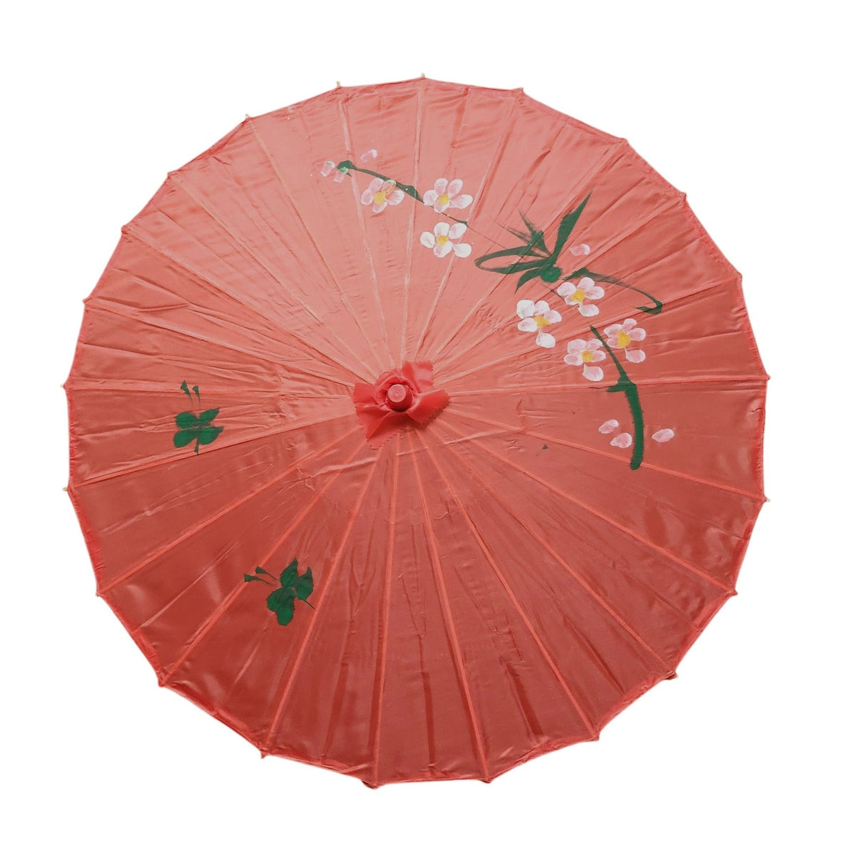 Red painted parasol with hand-painted flowers, top view
