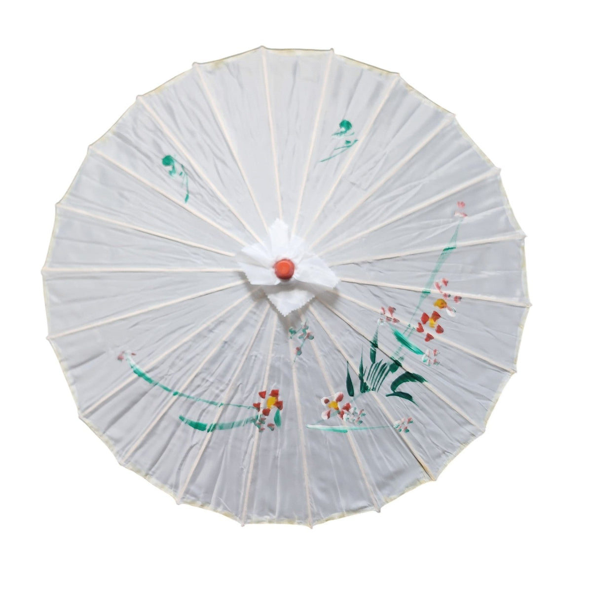 White painted parasol with hand-painted flowers, top view