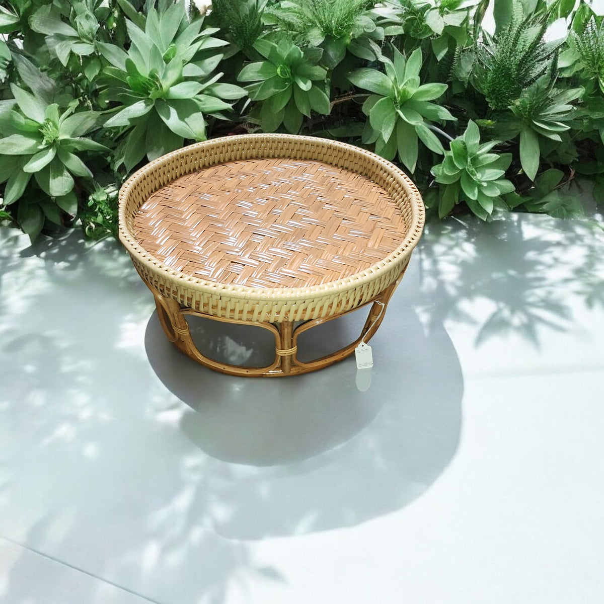 Rattan Khan Toke serving tray table with woven top, small size with plants