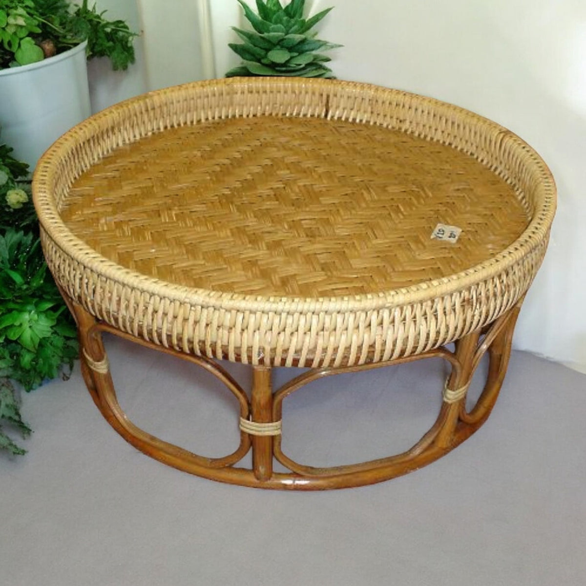 Rattan Khan Toke serving tray table with woven top, second indoor view