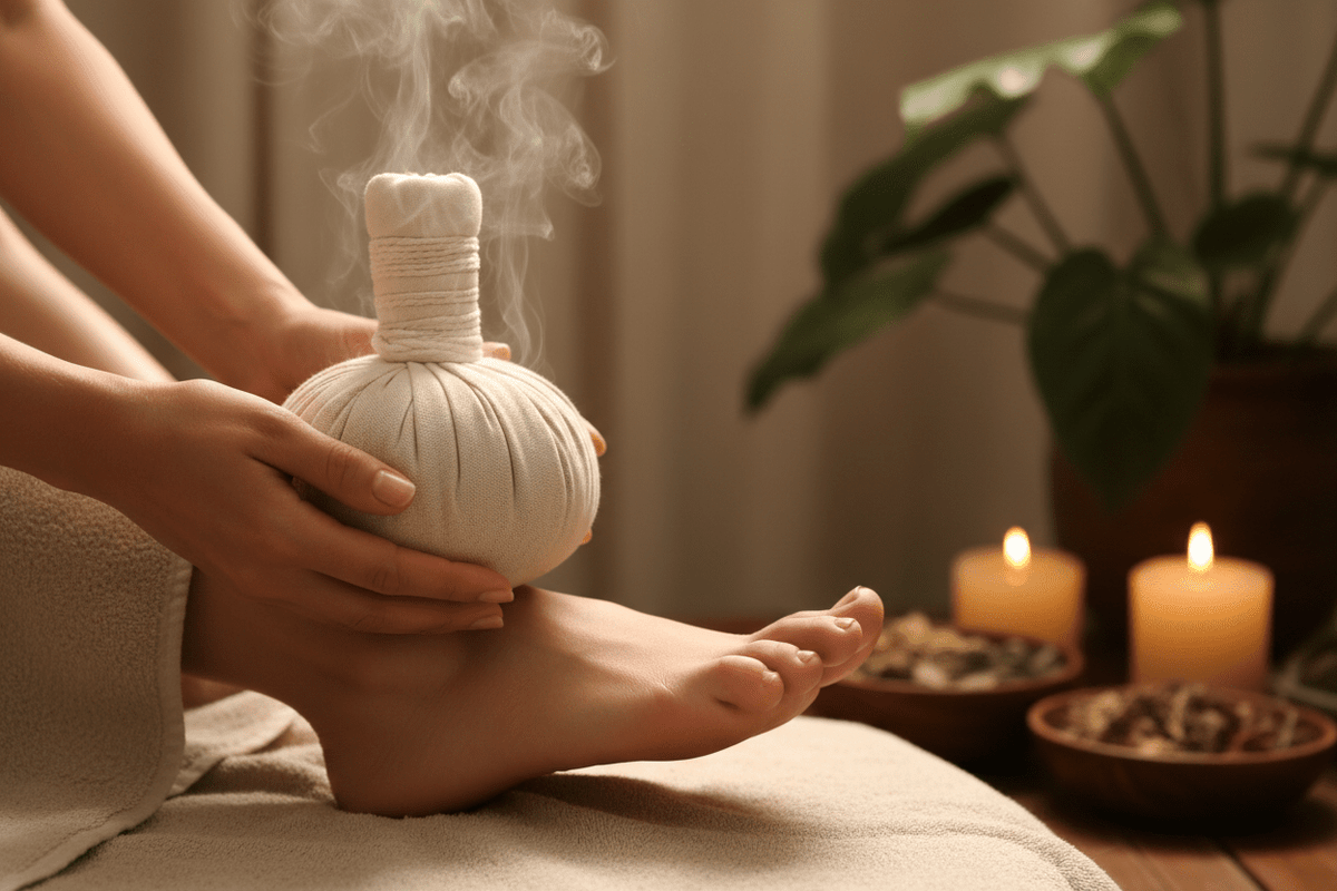 Hands holding a steaming white herbal compress ball over a foot, with candles and plants behind (illustrative photo)