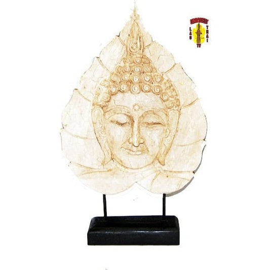 Second view of the white Buddha face on a bodhi leaf plaque with its black stand