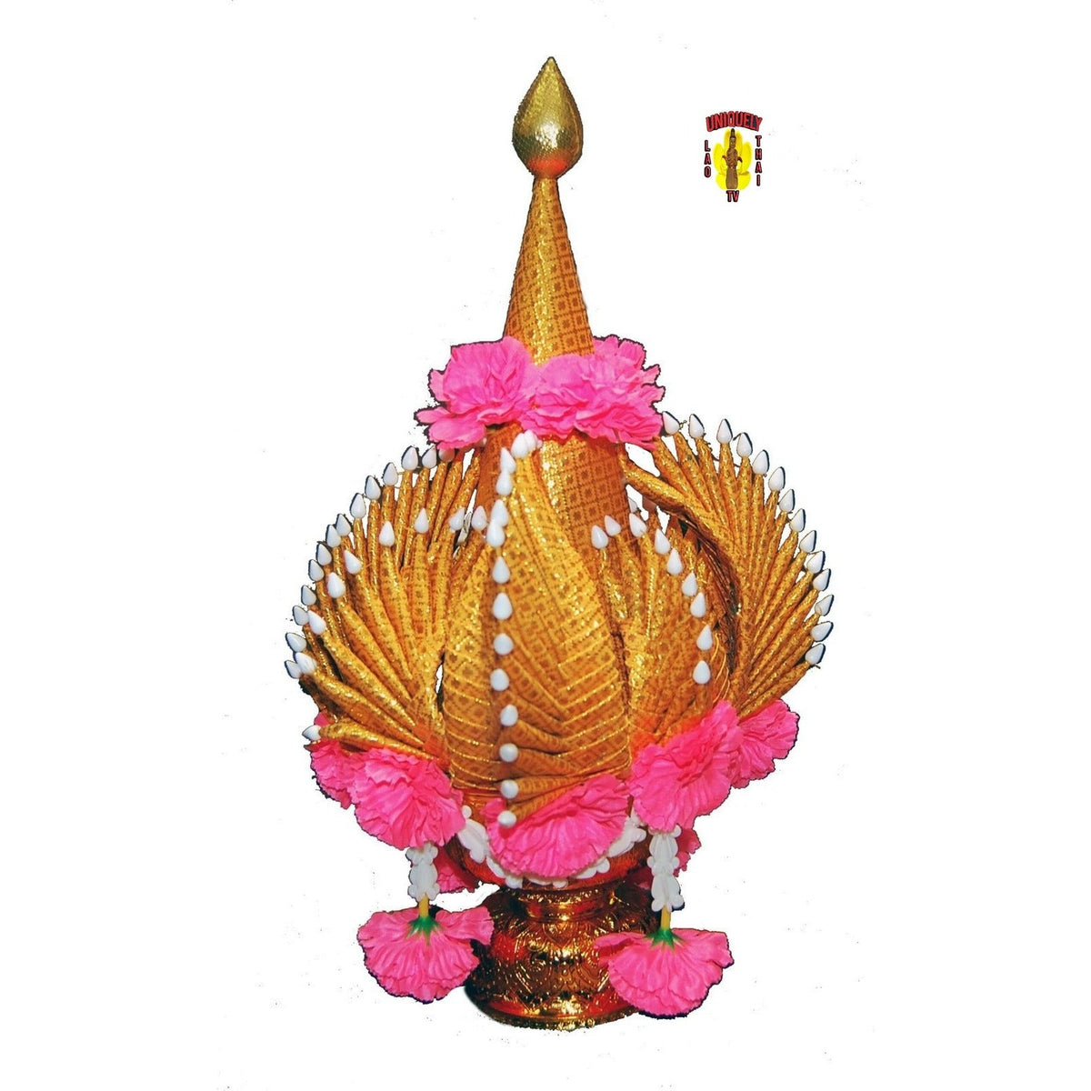 Buddhist altar decoration with gold and silver folded petals and pink flower garlands, front view