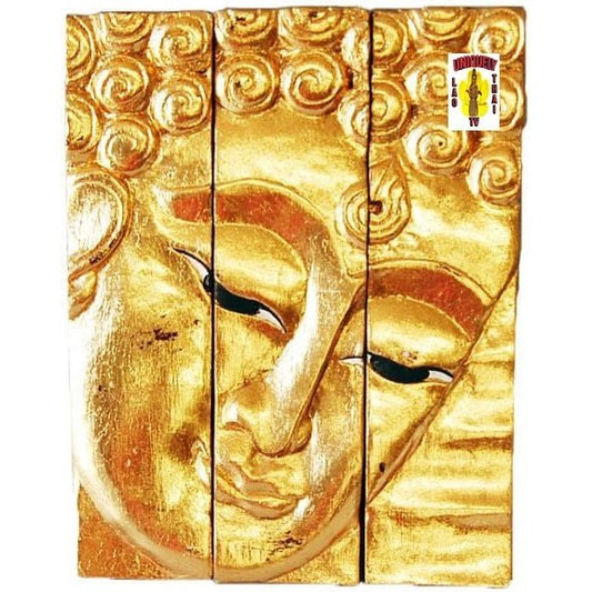 Another view of the three upright gold-painted wooden panels that join to form a Buddha face, 8 by 10 inches