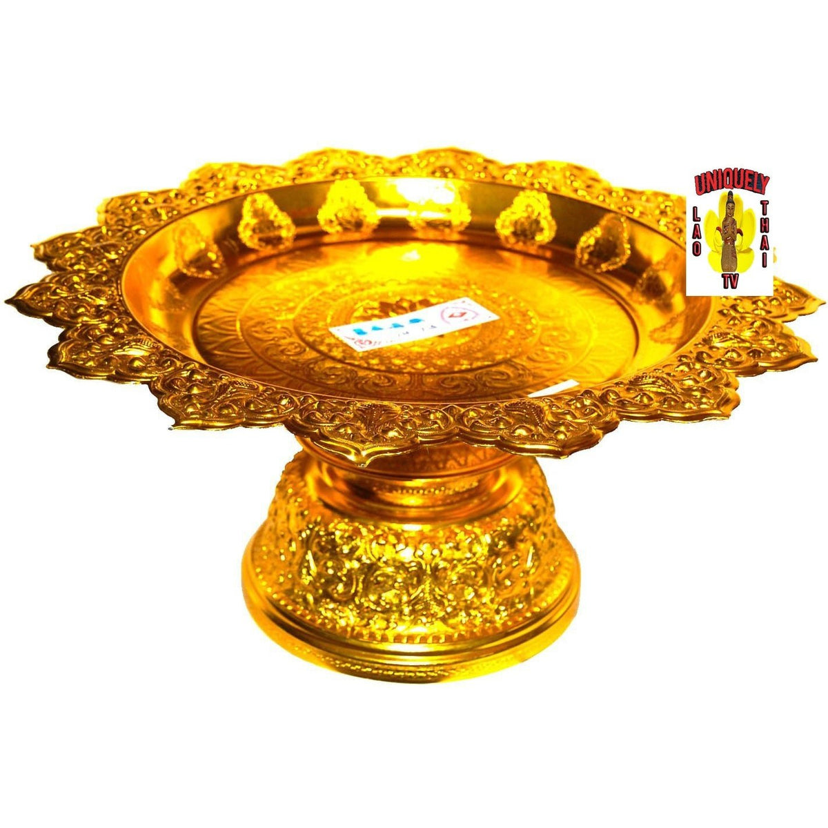 Gold-finish serving stand, close view