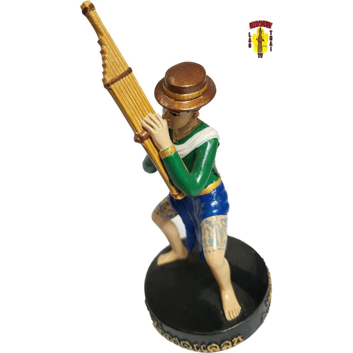 Front view of the khaen player figurine on its round black base