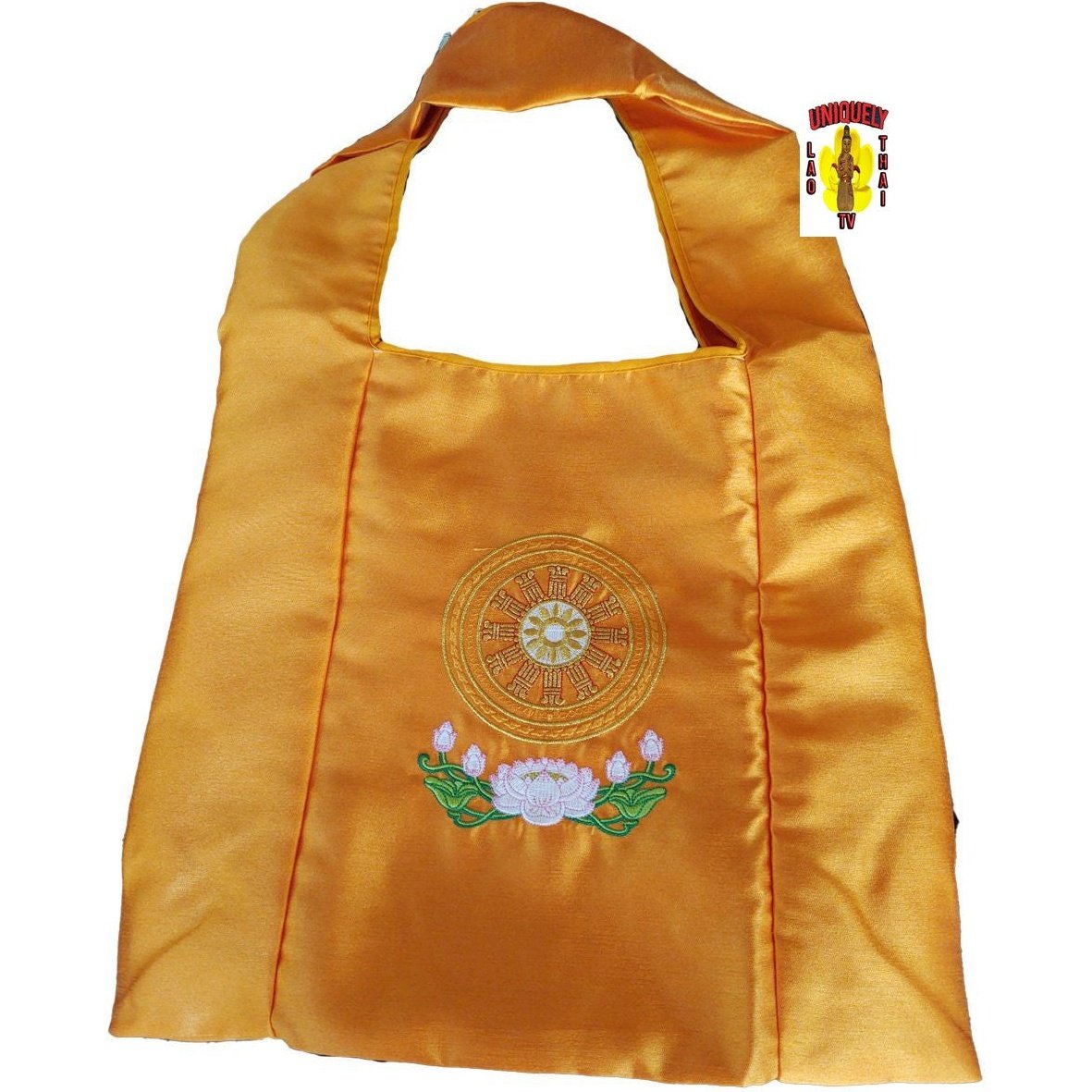Orange satin monk bag with embroidered emblem