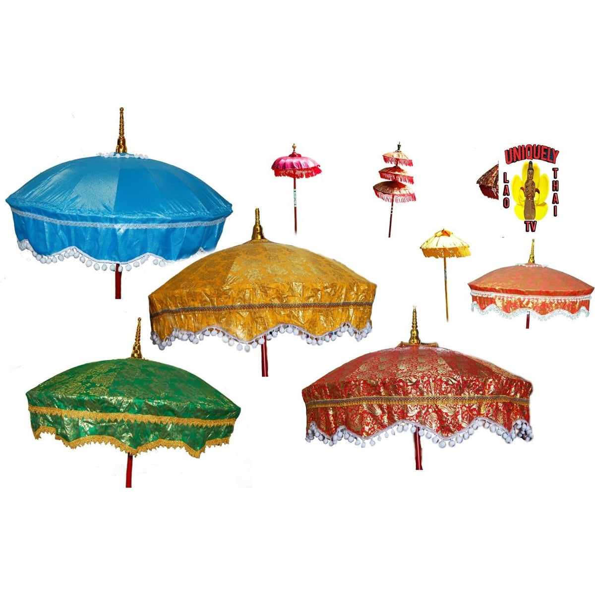 Assorted Buddhist ornamental parasols in blue, gold, green and red