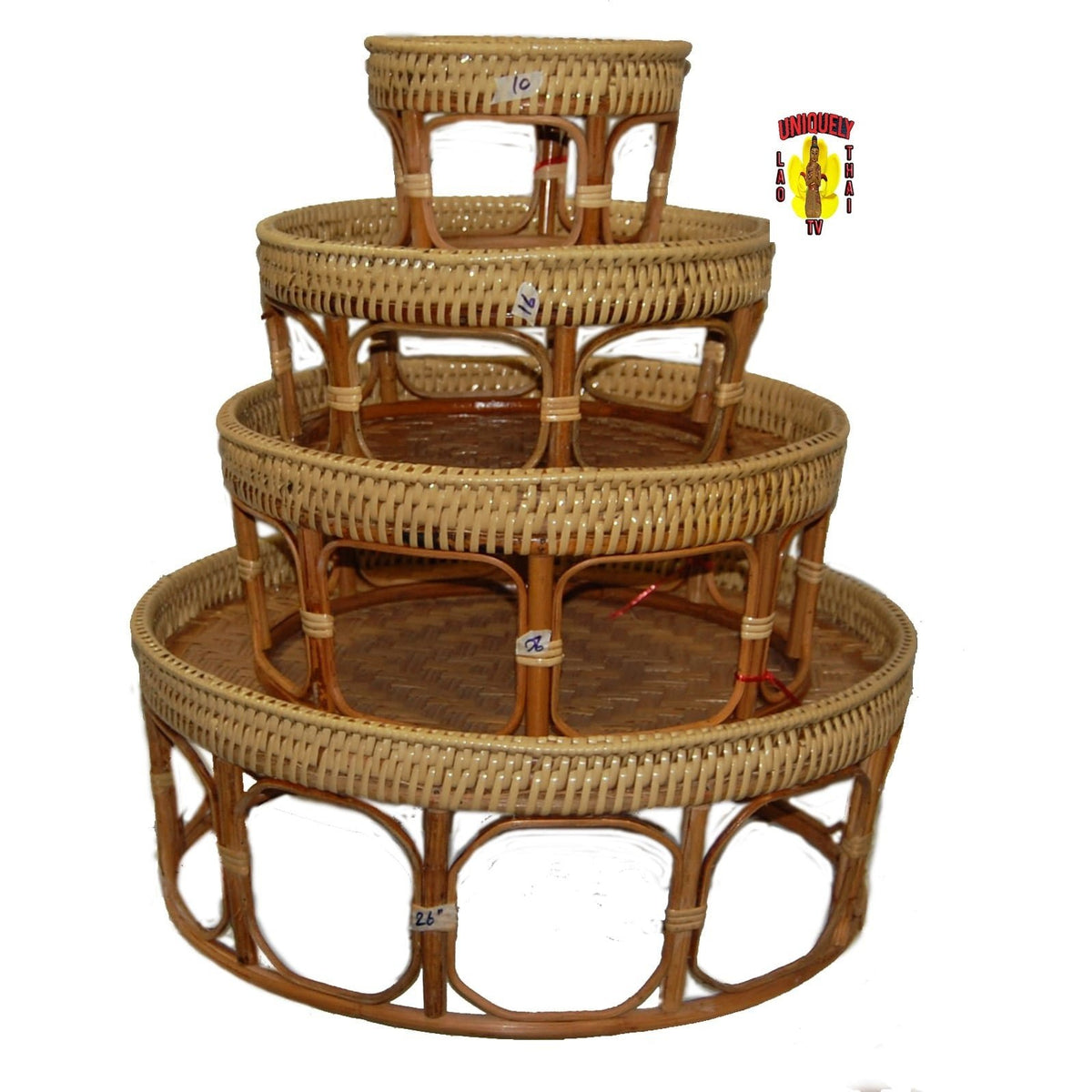 Nested rattan Khan Toke tray tables, plain background