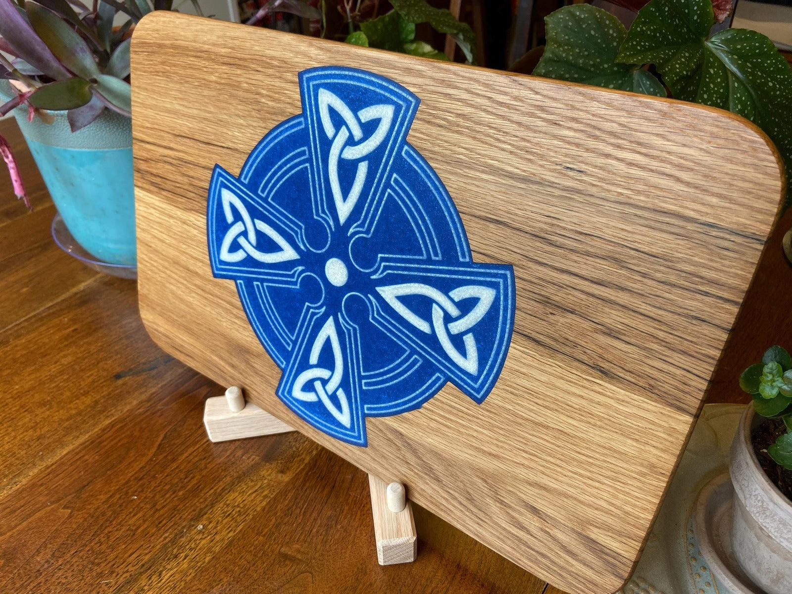 White Oak Charcuterie Board with Celtic Cross Resin Inlay - Handmade in USA