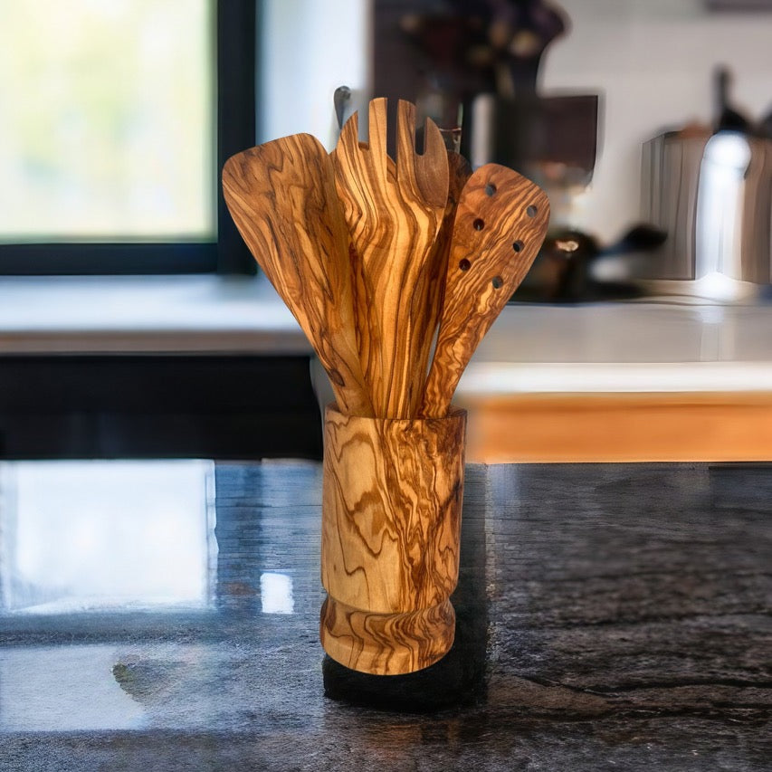 Olive Wood Kitchen Servers Set w/Holder 6 Pcs