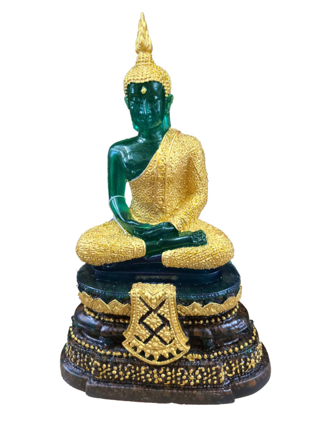Seated summer Buddha in resin and clay, 11 inches, green and gold