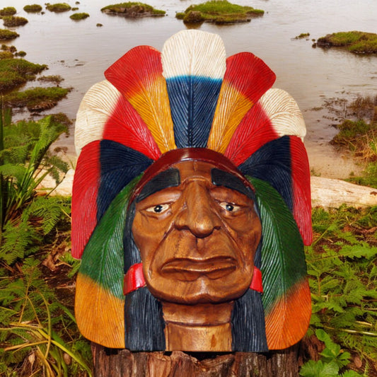 Chieftains Head Carved from Solid Wood for Table Top Display 16" Tall