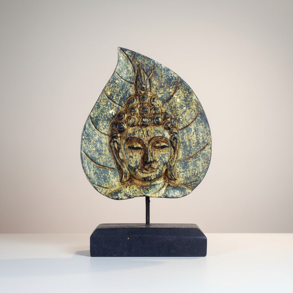 Tabletop or Shelf Décor Green Buddha Face on Leaf