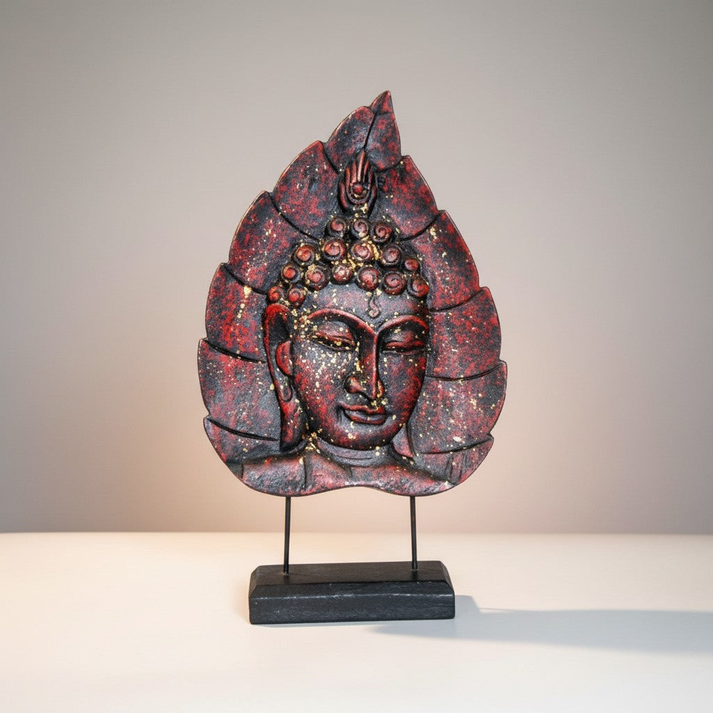 Red Buddha Face on Leaf 15" Tall For Tabletop Decorations