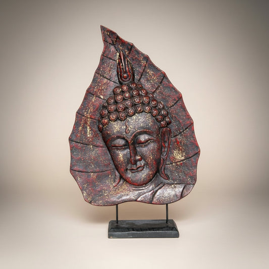 Red Buddha Face on Leaf 3-Red : 14.5" x 23"