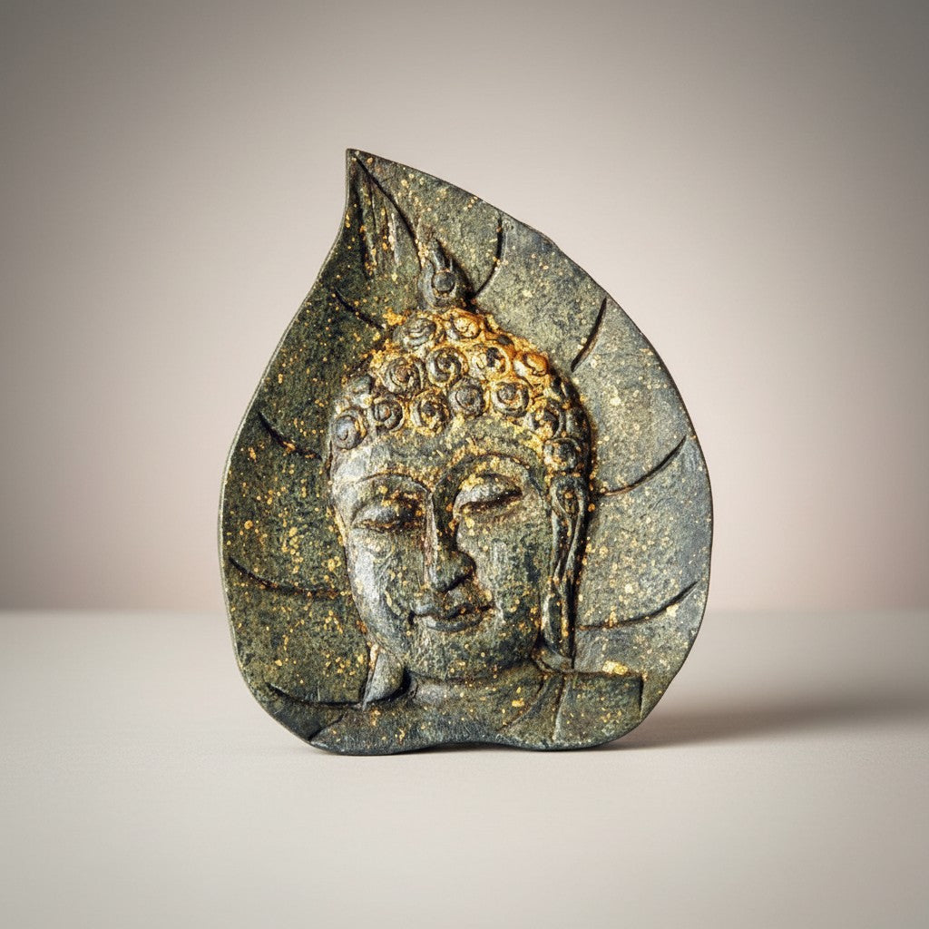Wood Fiber Buddha Face on Leaf Green Accent