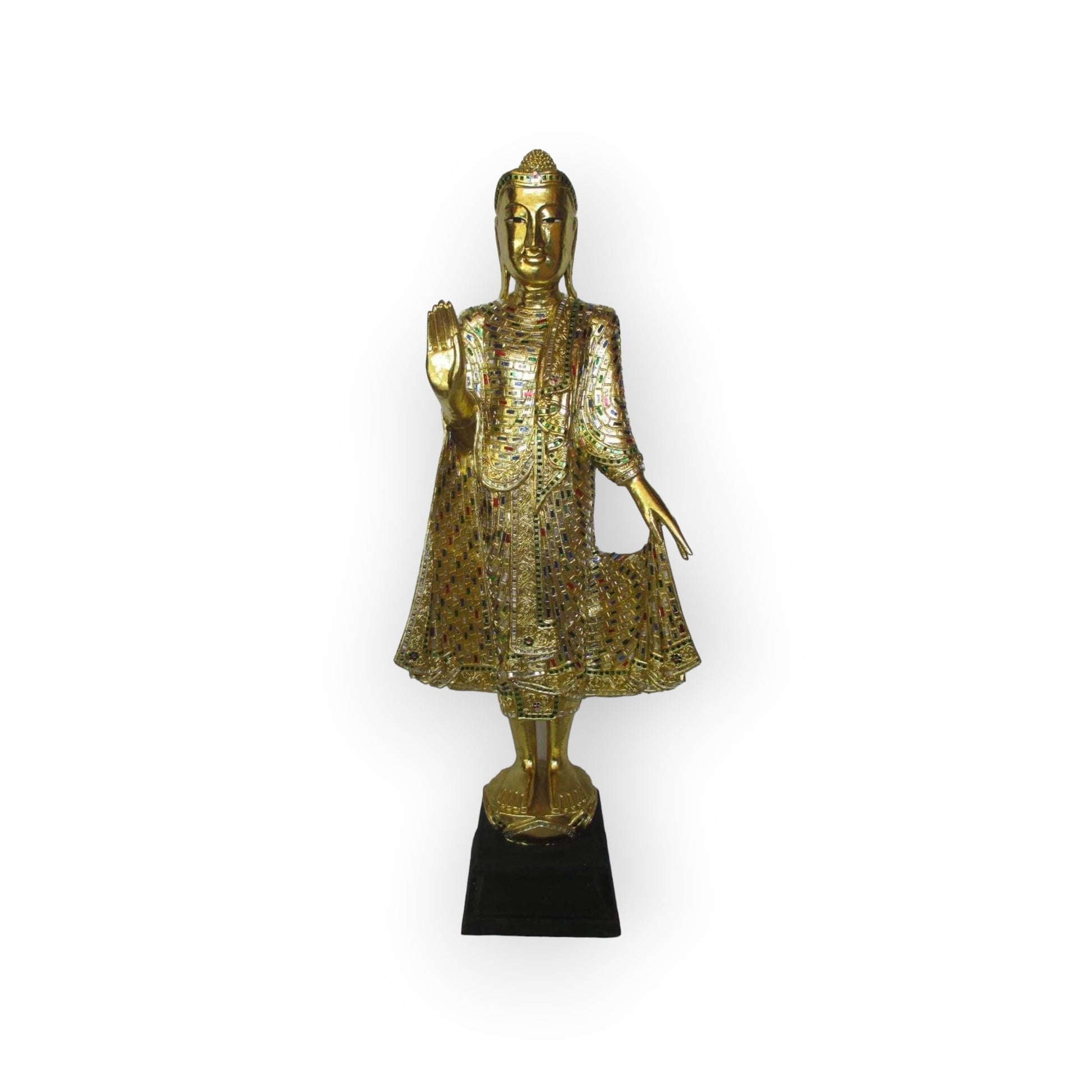 Standing Buddha Statue Gold Leaf 46" Tall One Palm Up