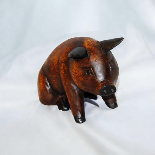 Carved Wooden Sitting Pig 7" Tall