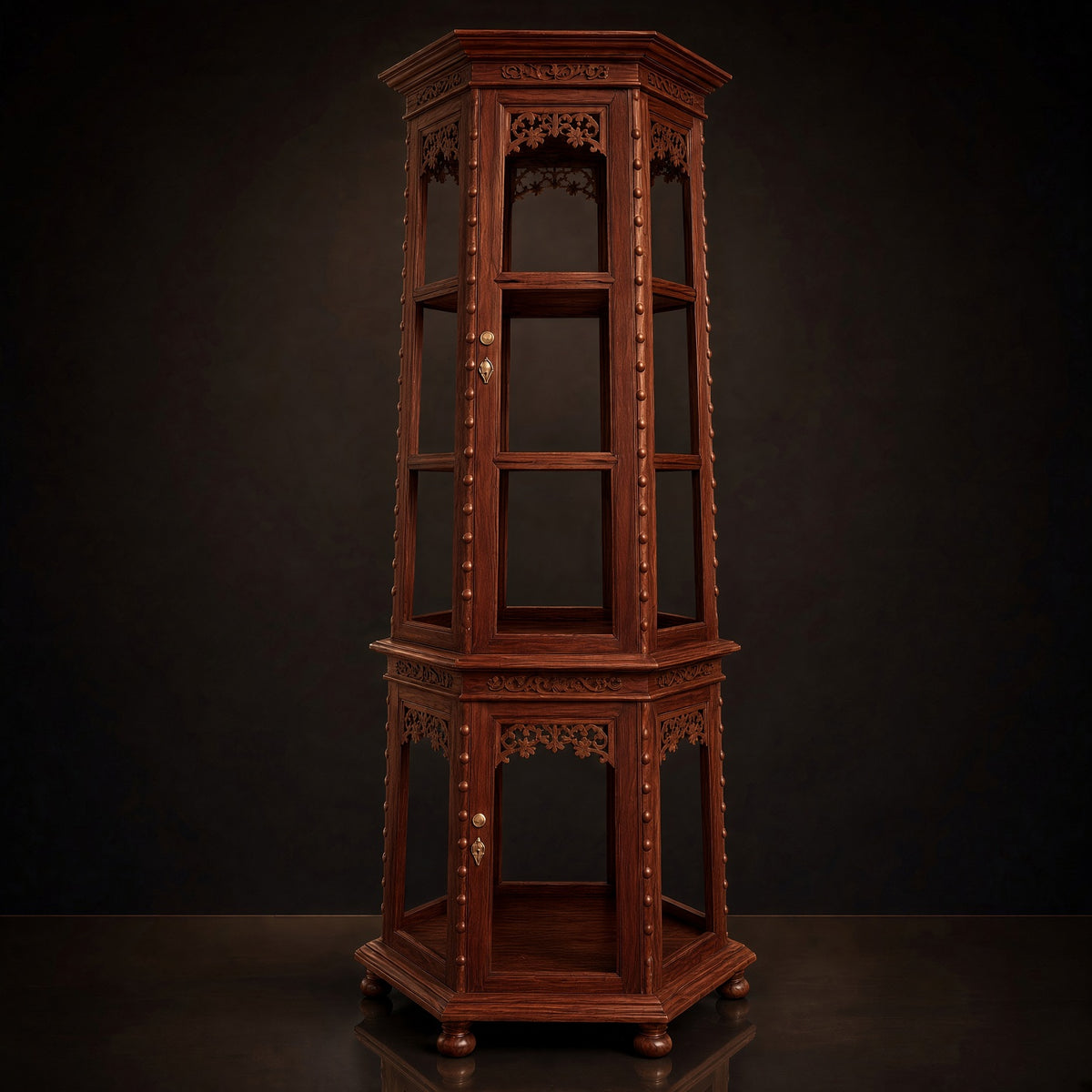 Teak curio cabinet in a darker finish, front view