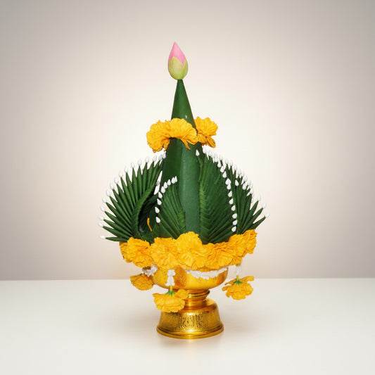 18-inch Buddhist altar decoration with green leaves, orange marigolds, and a pink lotus bud on a gold-finished aluminum  base
