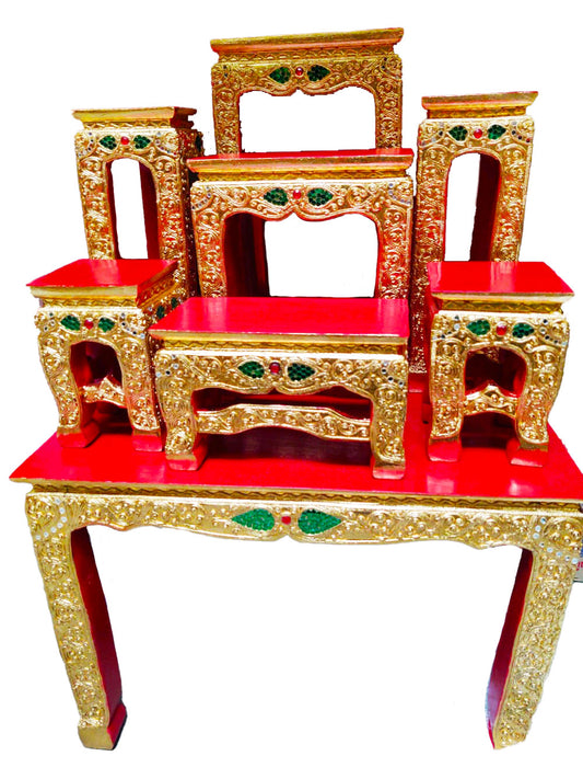 Red Buddhist Altar Table Set 8 Piece