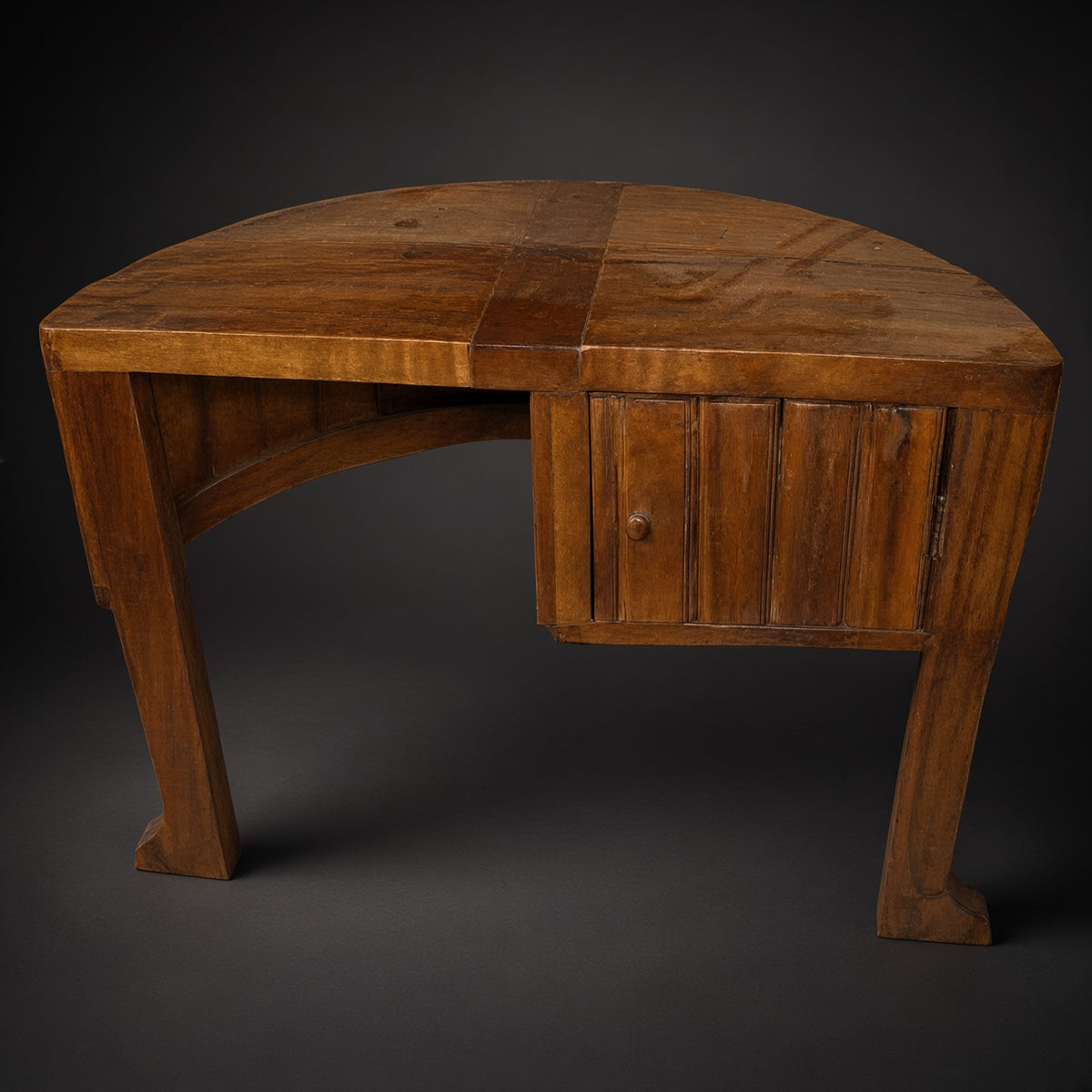 Reclaimed teak half barrel table with drawer, 14.5 x 29 x 22 inches