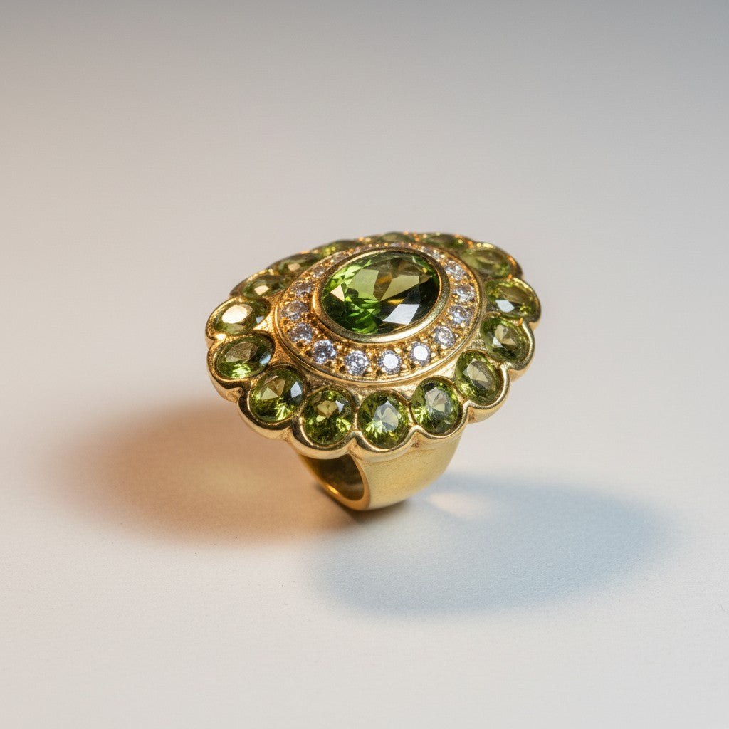 Gold-Dipped Ring with Multiple Peridot Stones Size 8