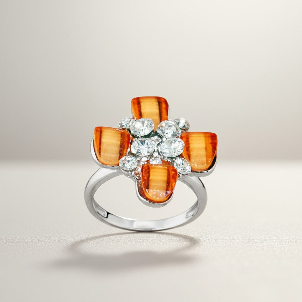 Orange Tiger Eye, Cubic Zirconia Silver Ring