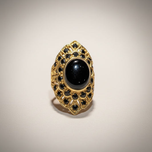 Gold-Dipped Ring with Onyx Surrounded by Black Accents