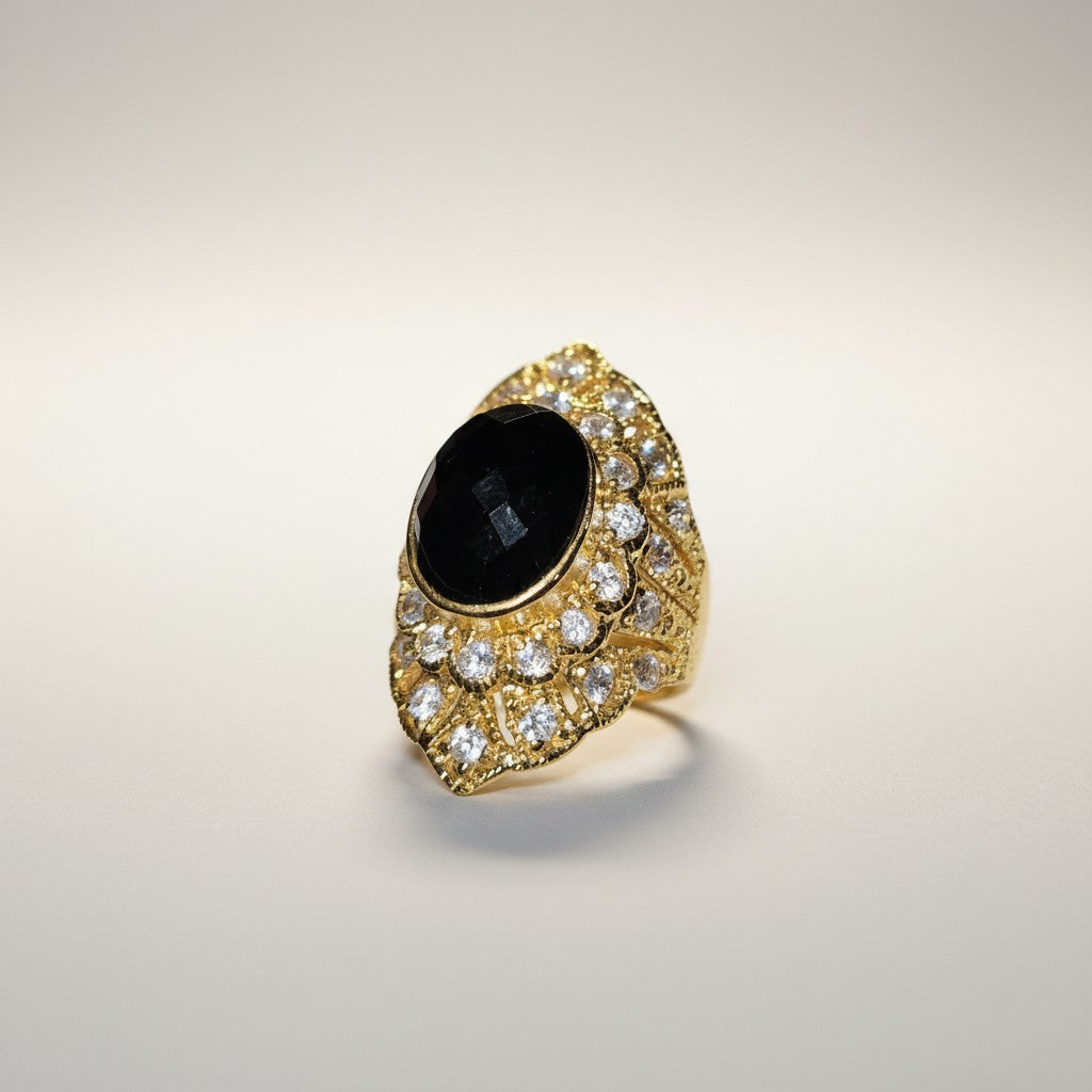 Gold-Dipped Ring with Onyx Surrounded by Clear Cubic Zirconia Accents