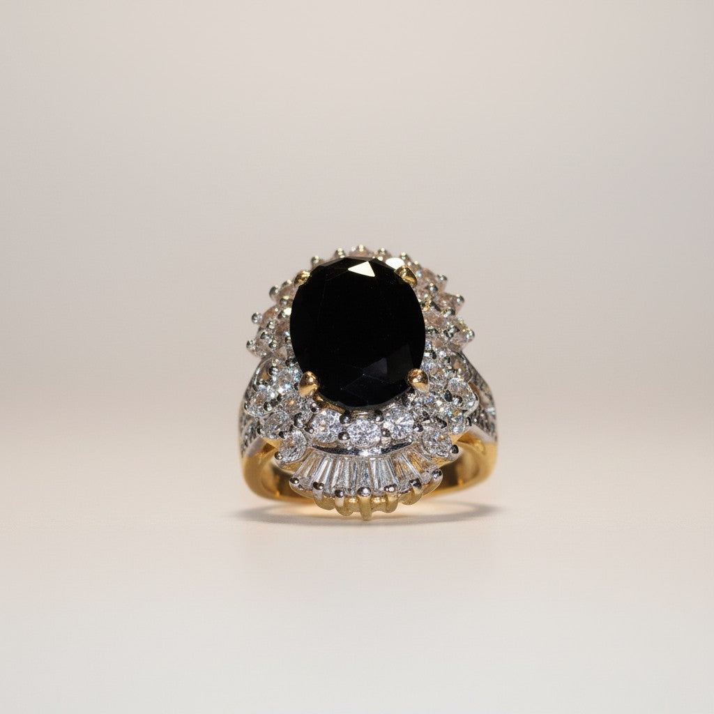 Gold-Dipped Ring with Onyx Surrounded by Clear Cubic Zirconia Stones Size 8