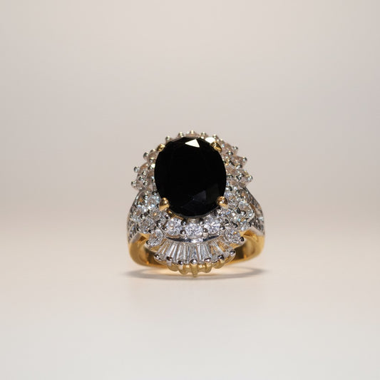 Gold-Dipped Ring with Onyx Surrounded by Clear Cubic Zirconia Stones Size 8