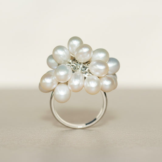 White Pearl Cluster Silver Band