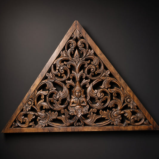 Carved teak triangle wall décor with floral openwork, 43 x 27.5 inches