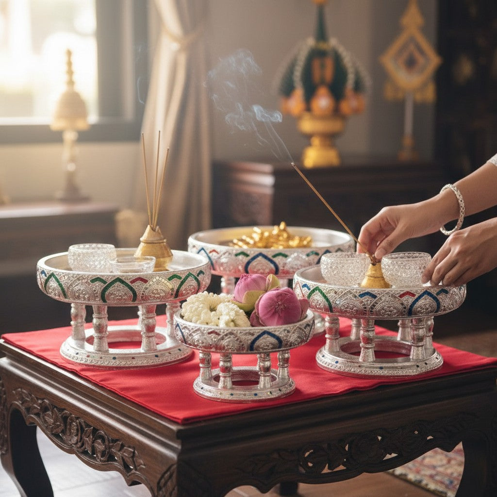 Wooden Ceremonial Bowls 4 piece Set Silver Finish