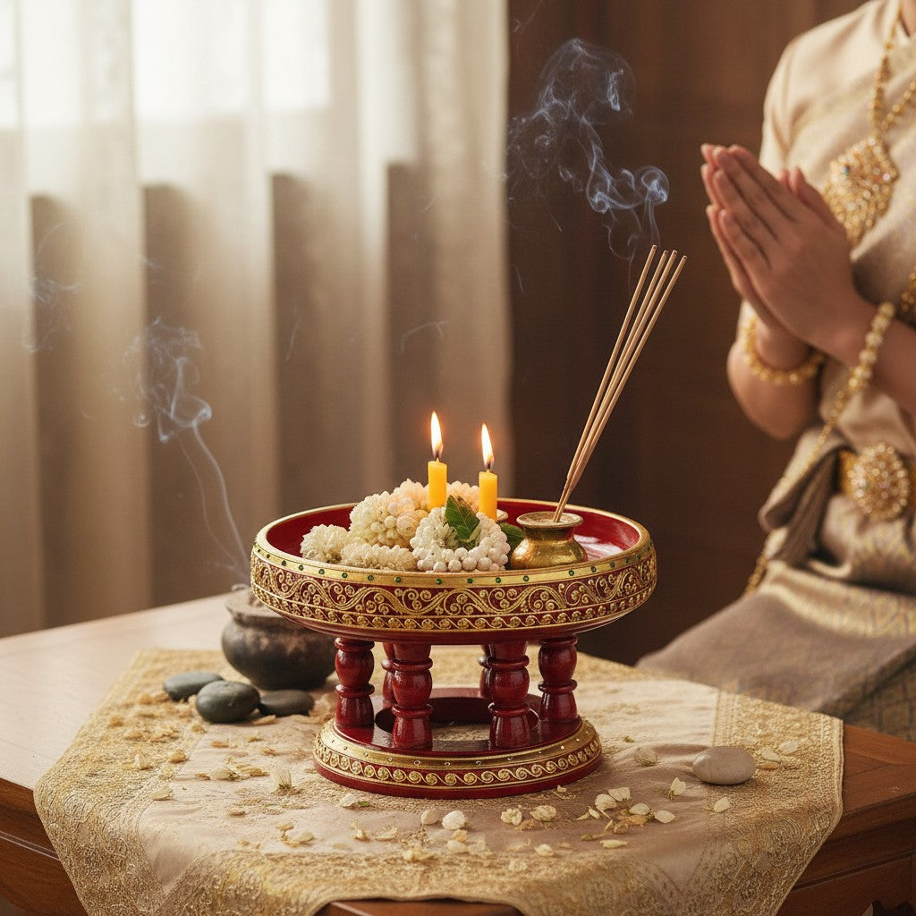 Wooden Ceremonial Bowl Red & Gold 8" Diameter