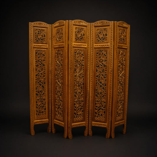 Teak Room Screen, Five Panels, Carved Flowers, 65.5 x 70 Inches