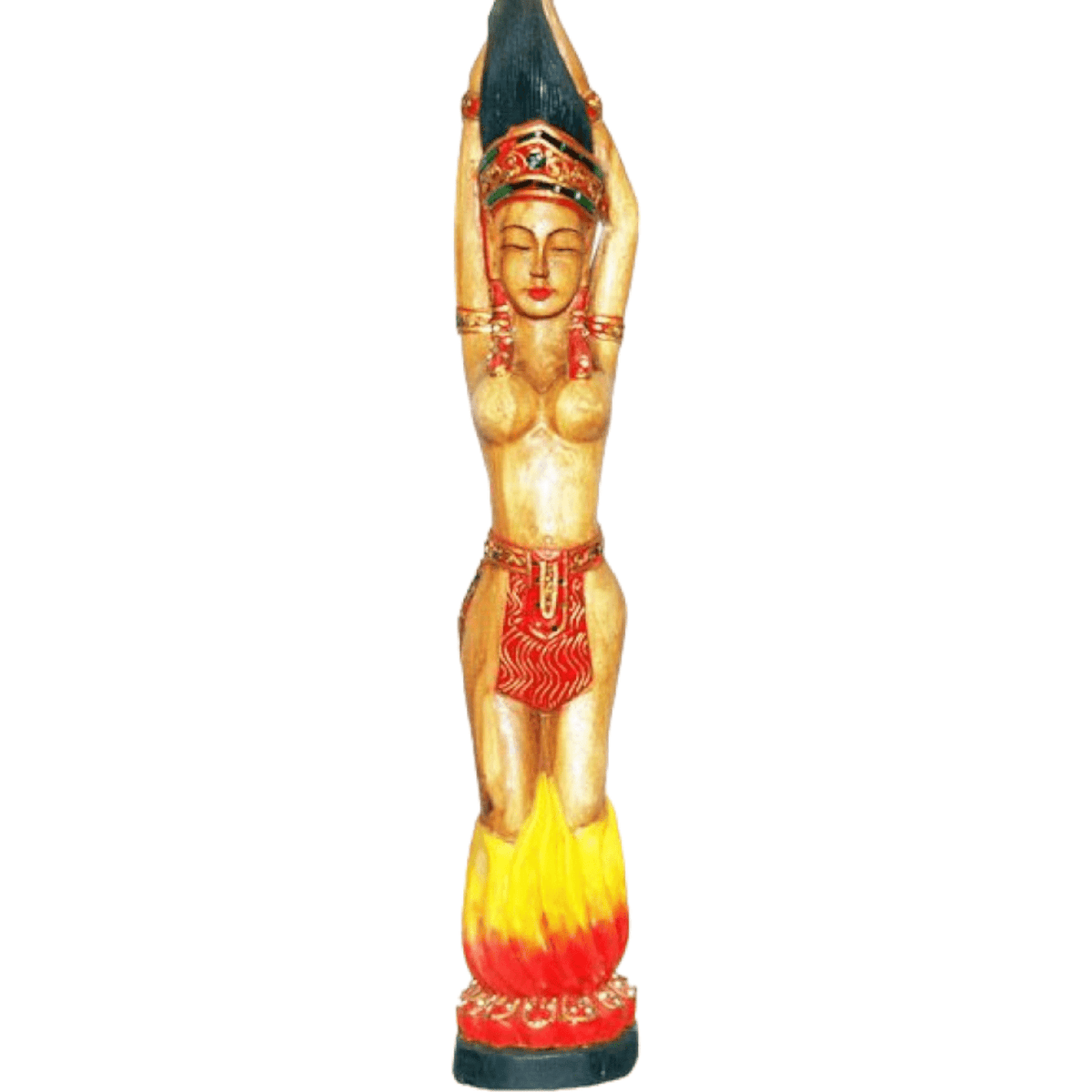 Painted hand-carved wooden dancer with raised arms in red, orange and yellow, 30 inches tall
