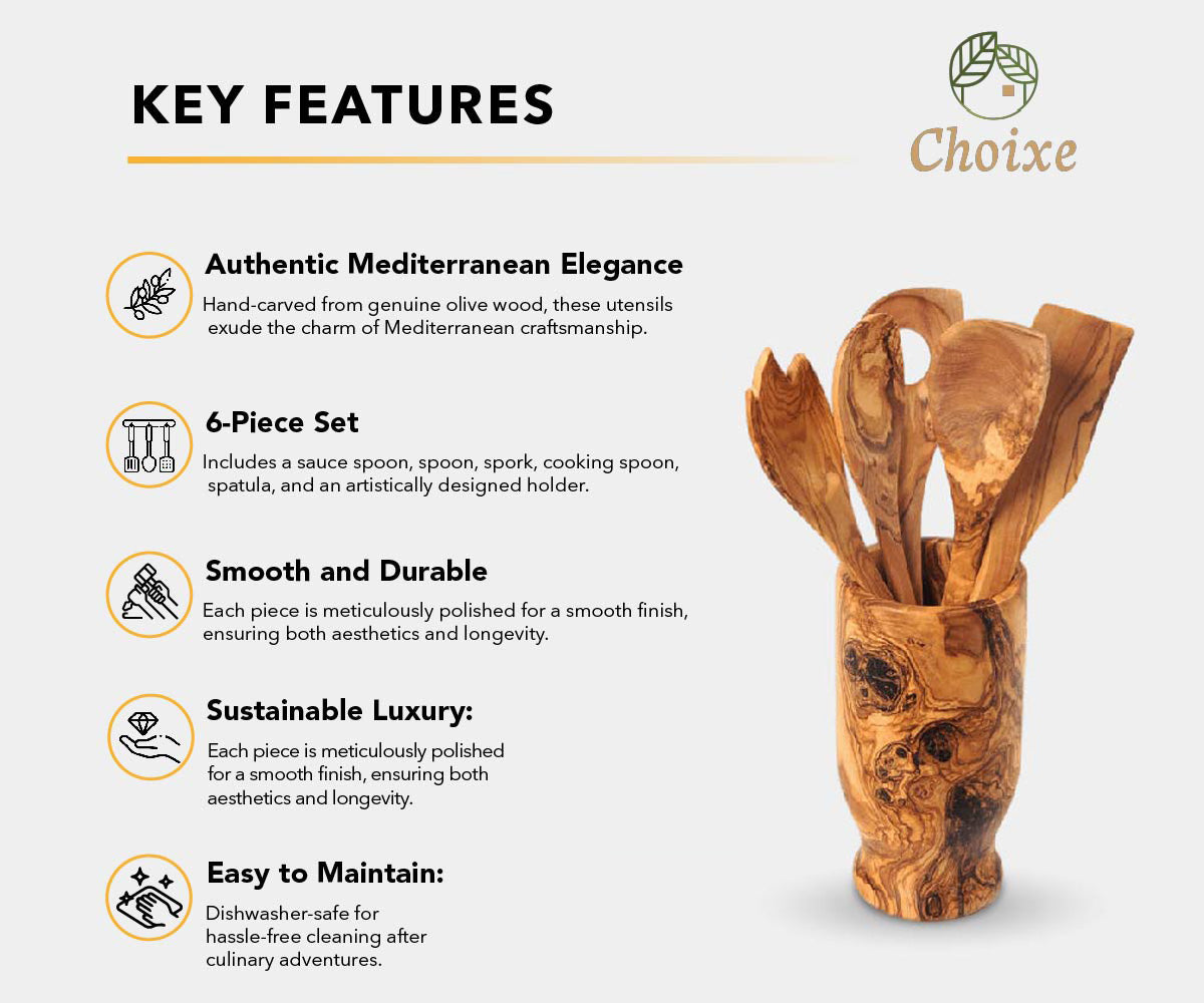 Olive Wood Kitchen Servers Set w/Holder 6 Pcs