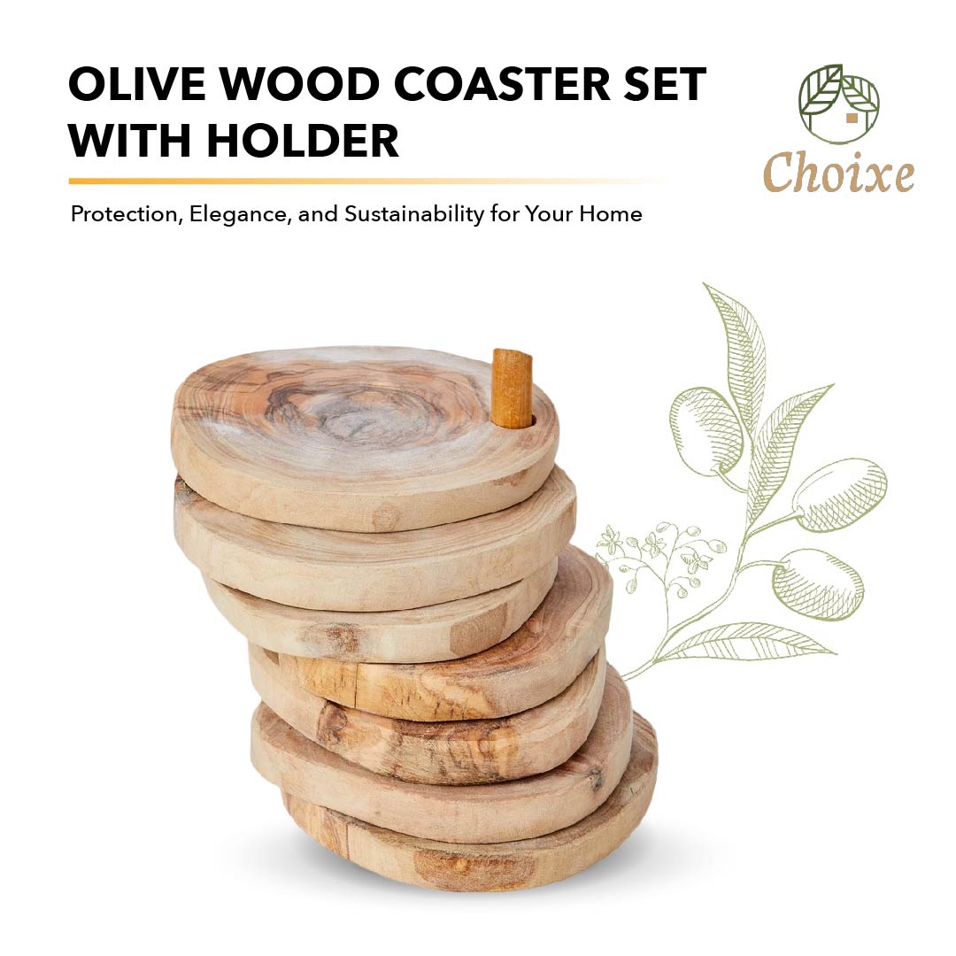 Olive Wood Coaster Set with Holder 7 Pcs