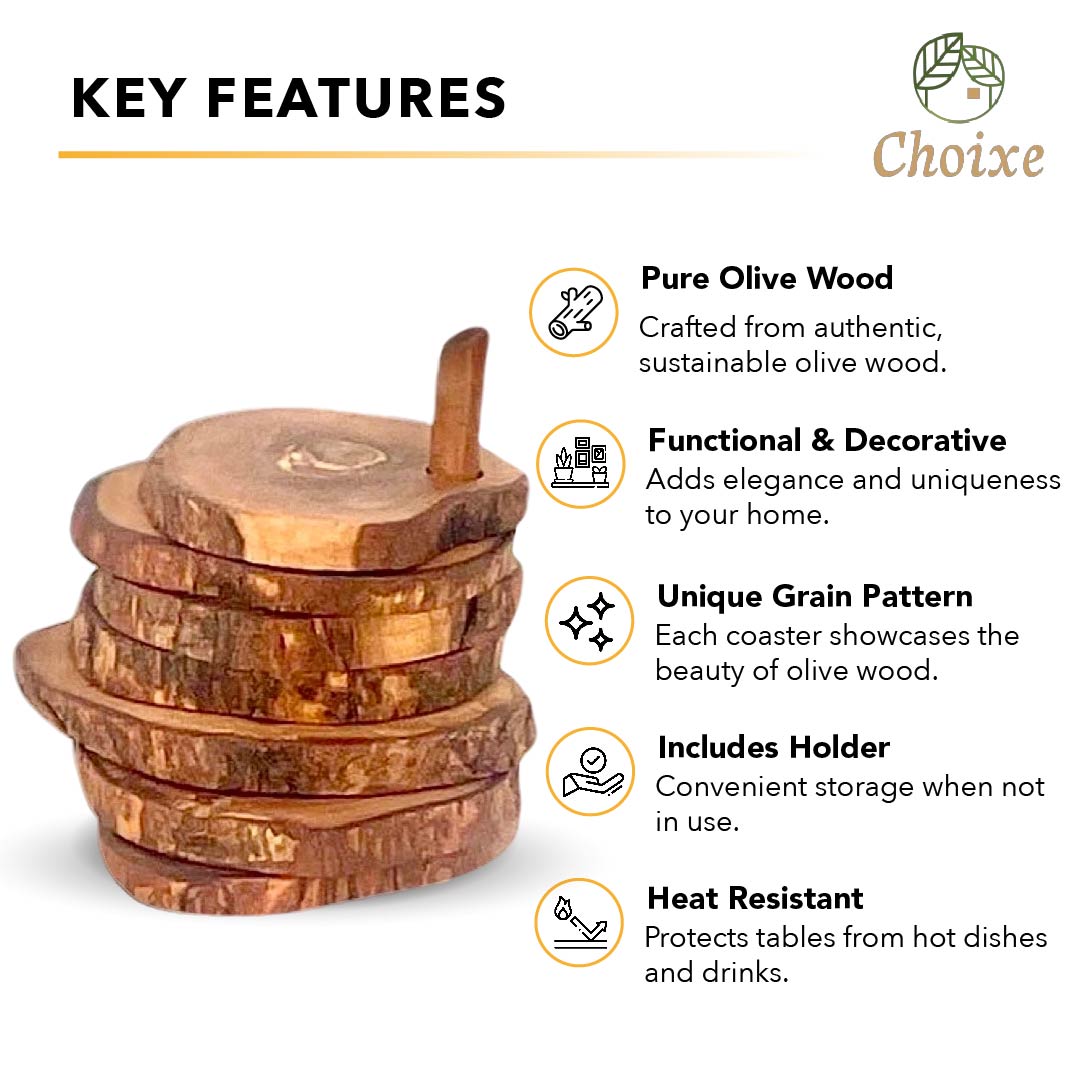 Olive Wood Coaster Set with Holder 7 Pcs