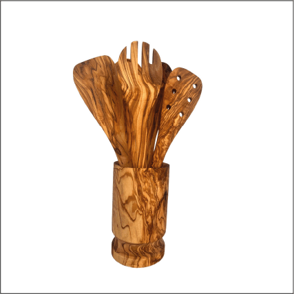 Olive Wood Kitchen Servers Set w/Holder 6 Pcs