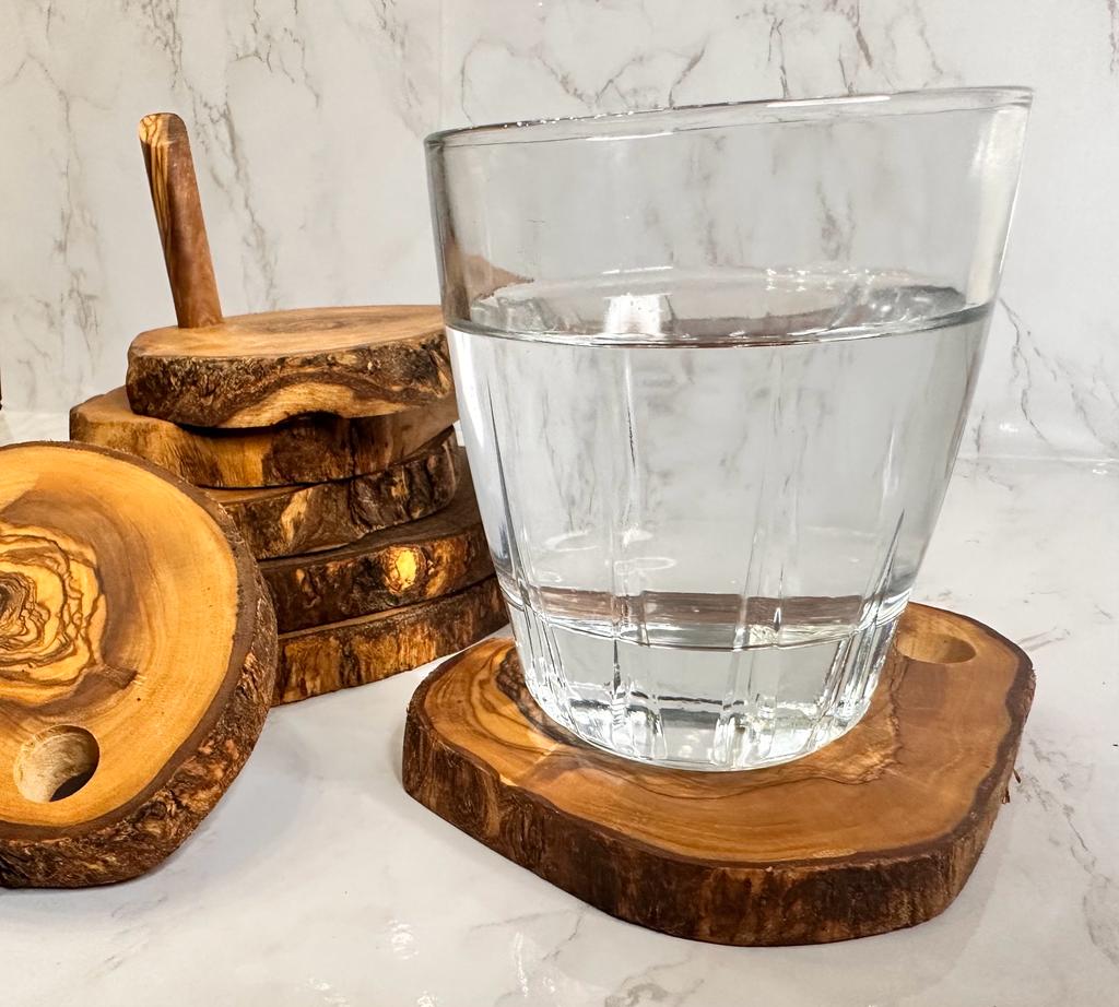 Olive Wood Coaster Set with Holder 7 Pcs