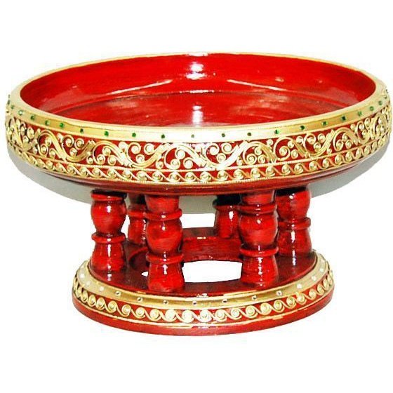 Wooden Ceremonial Bowl Red & Gold 8" Diameter