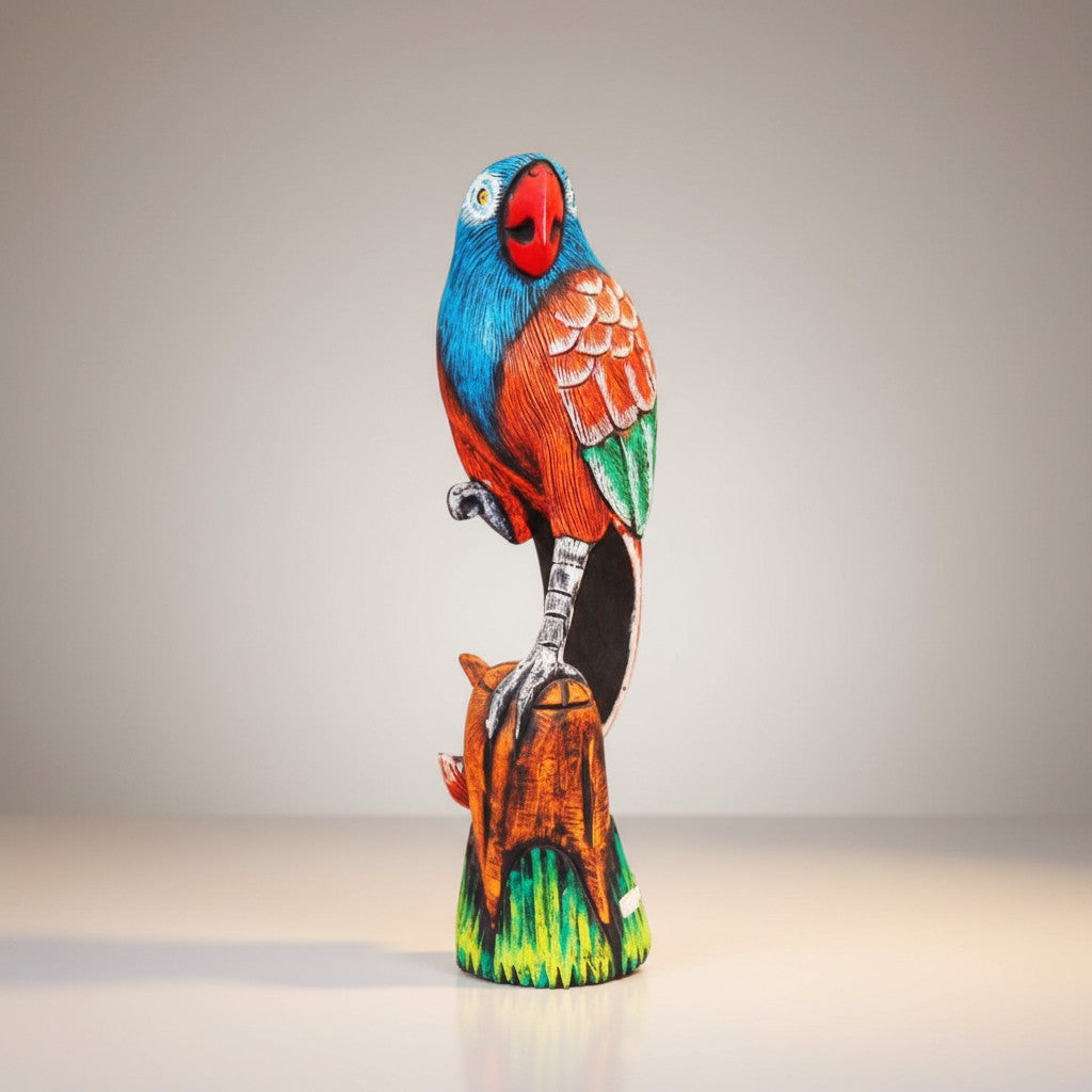 Hand Carved Wooden Parrot Standing on One Leg 16.5"