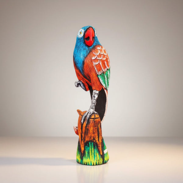 Hand Carved Wooden Parrot Standing on One Leg 16.5